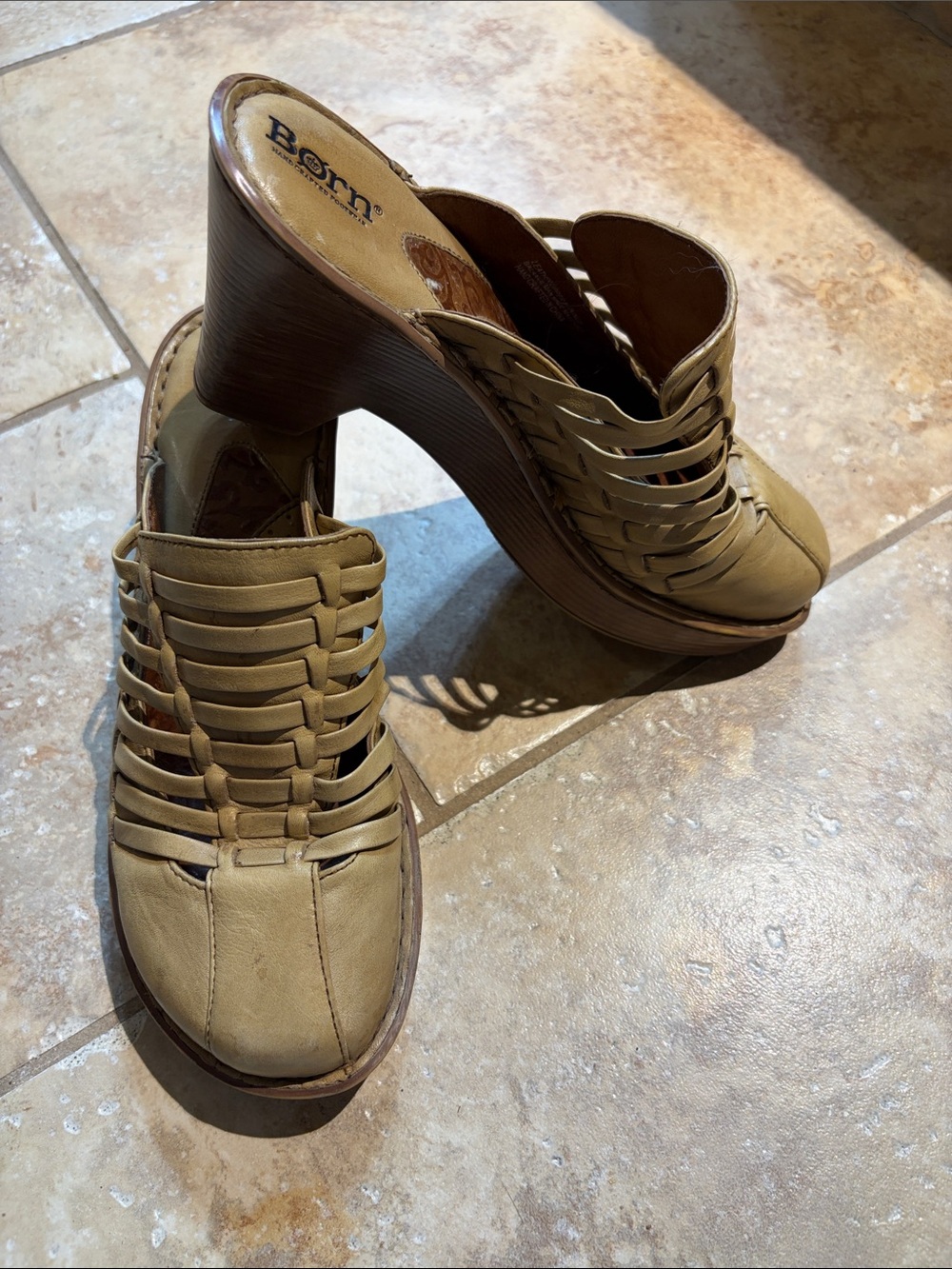Born Olive-Tan Braided Leather Wedge Mules